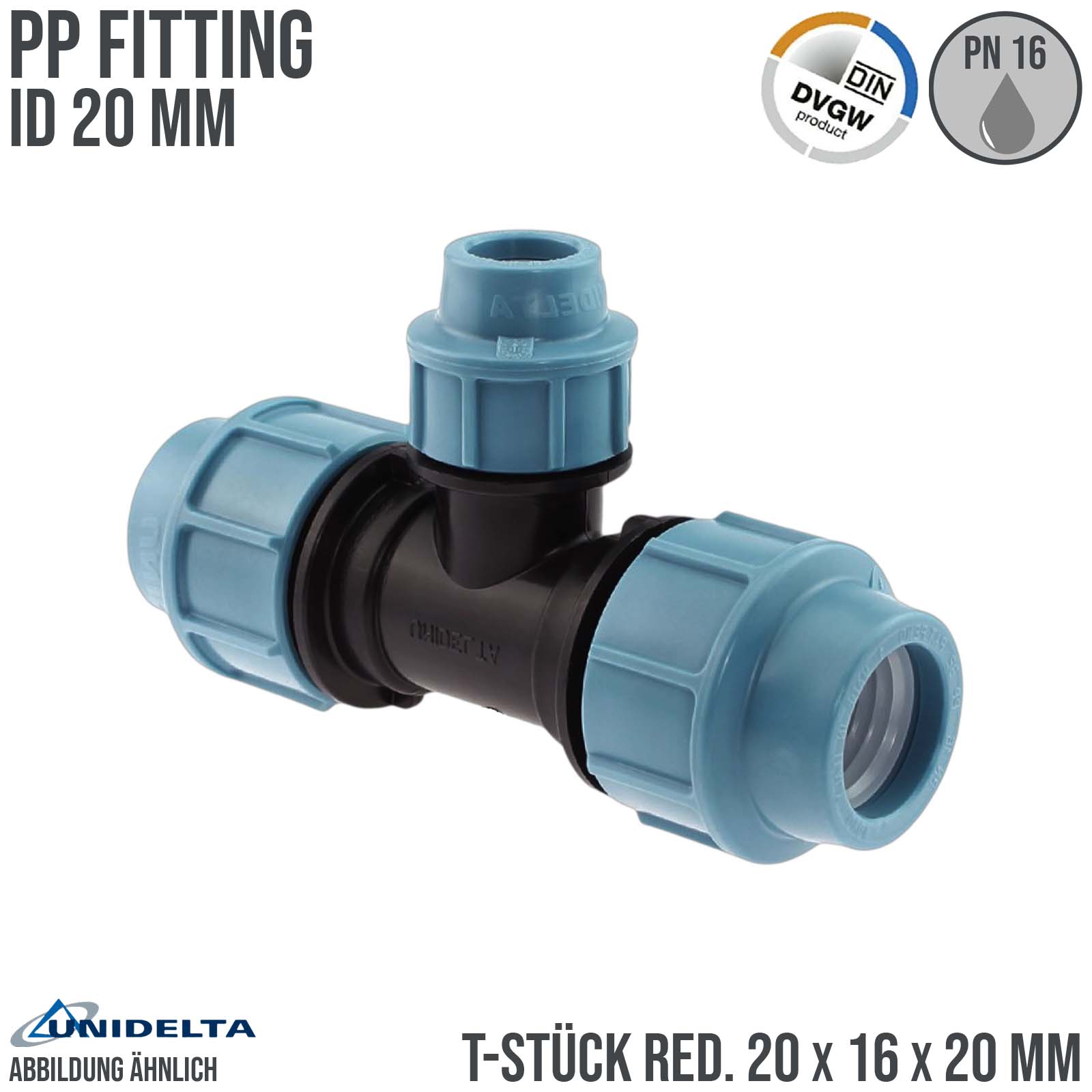 20 x 16 x 20 mm PE PP Fitting Klemm Verbinder Verschraubung Muffe reduziert T-Stück 90° DVGW - Unidelta