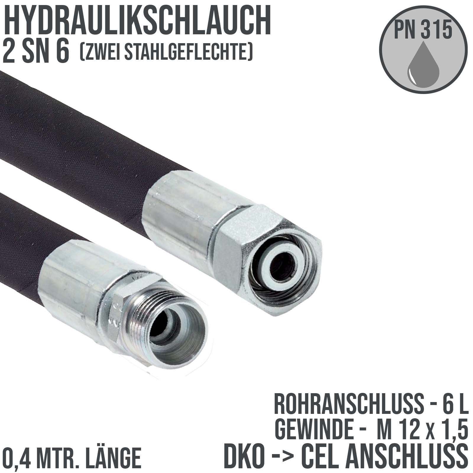 Hydraulikschlauch DN 6 2SN6 - 6 L DKO (IG) auf CEL (AG) Anschluss (M 12 x 1,5) - 400 mm