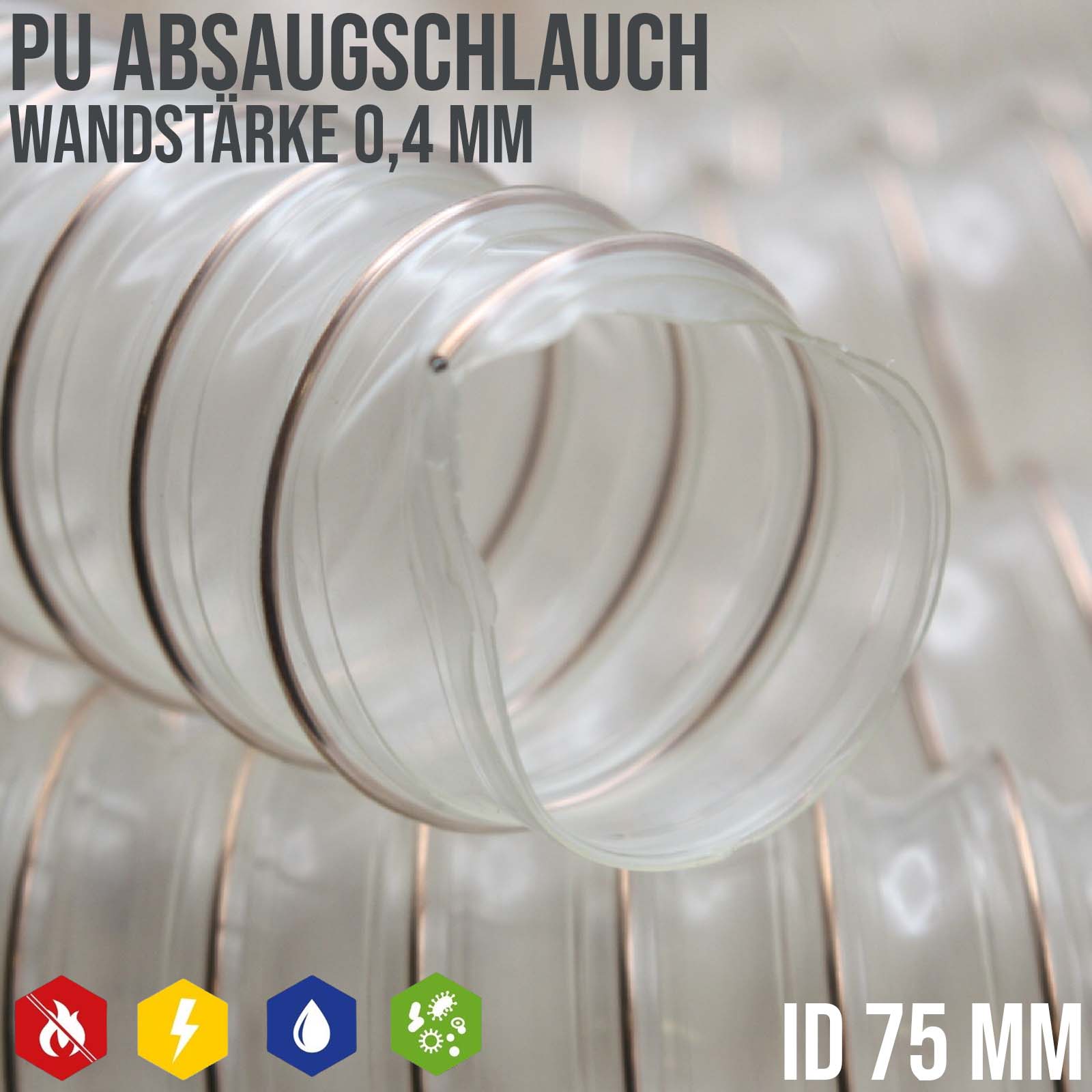 75 mm PU Saug Ansaug Druck Spiral Flex Staub Holz Metall Späne Schlauch Anlage - Wandstärke 0,4 mm  - PN 0,30 bar