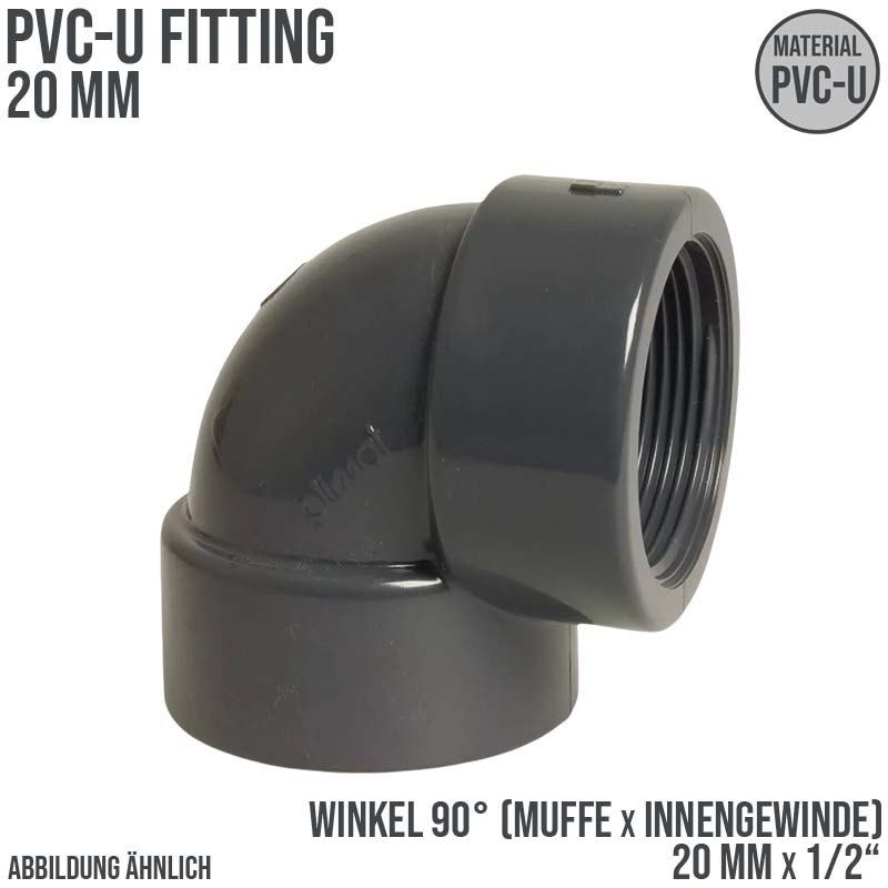 20 mm PVC Klebe Fitting Winkel 90° Innengewinde IG 20 mm x 1/2" Muffe Verbinder - PN 10 bar