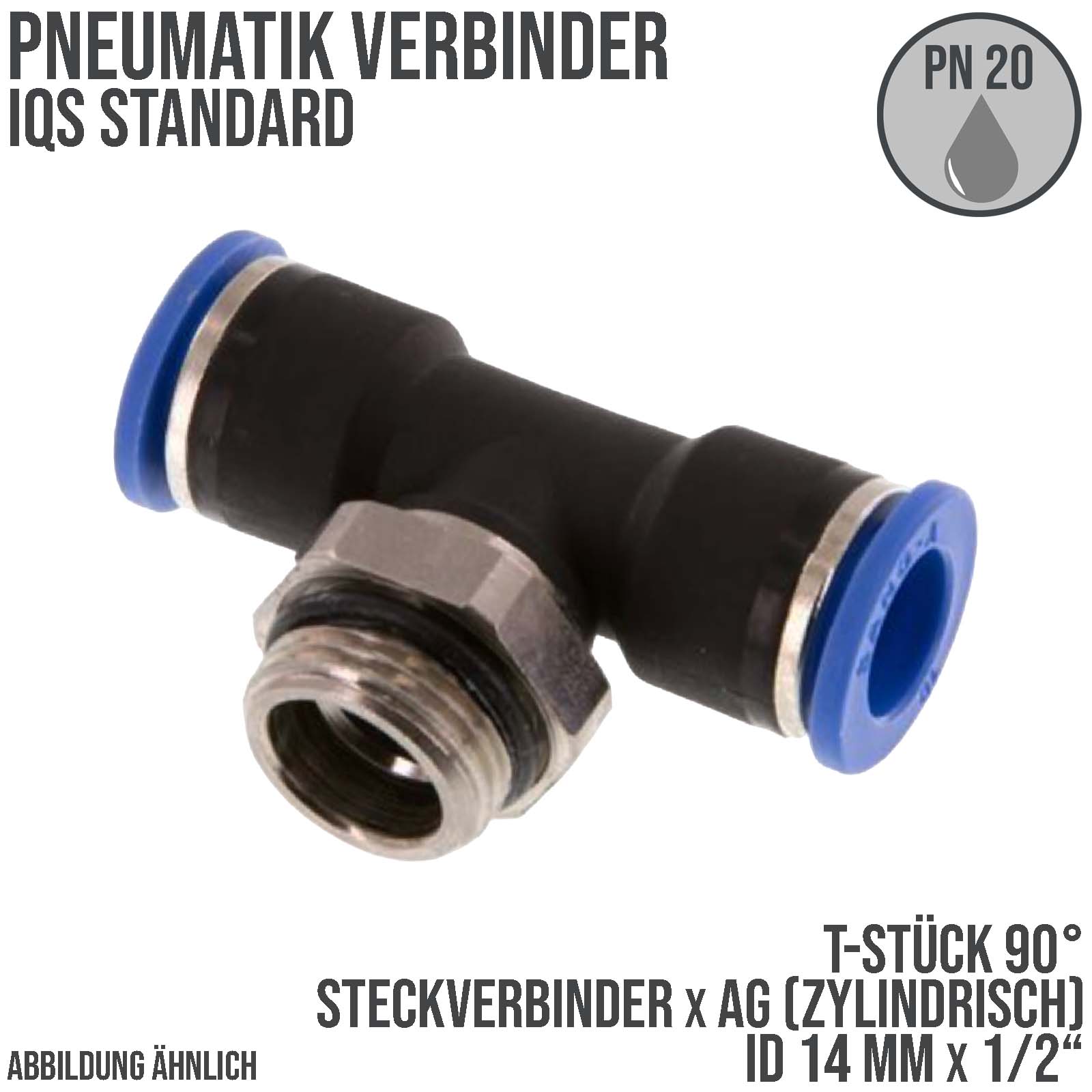 14 mm x 1/2" Pneumatik Steck Verbinder T-Stück 90° IQS Außengewinde zylindrisch - PN 20 bar