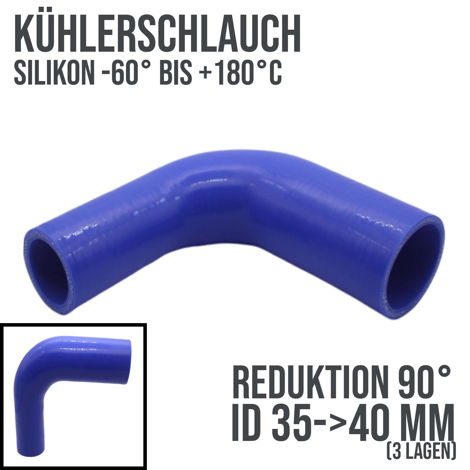 35 -> 40 mm ID Kühlerschlauch Reduktion 90° Verbinder Silikon LLK Ladeluft Kühlmittel Schlauch blau - 150mm