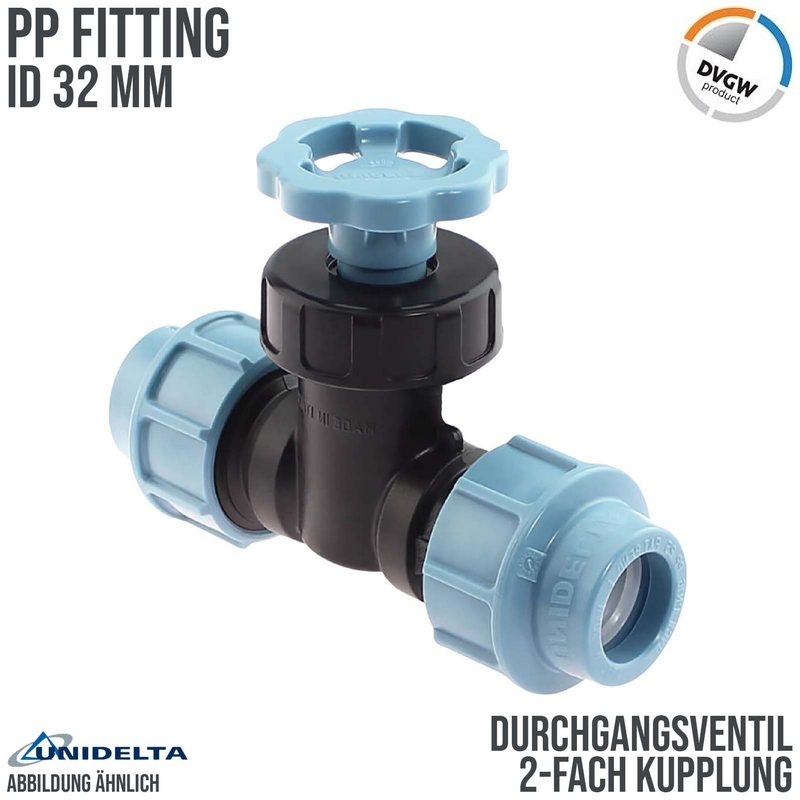 32 mm PE PP Durchgangsventil 2-fach Klemm Muffe Kupplung PN 16 bar DVGW KIWA WRAS Unidelta