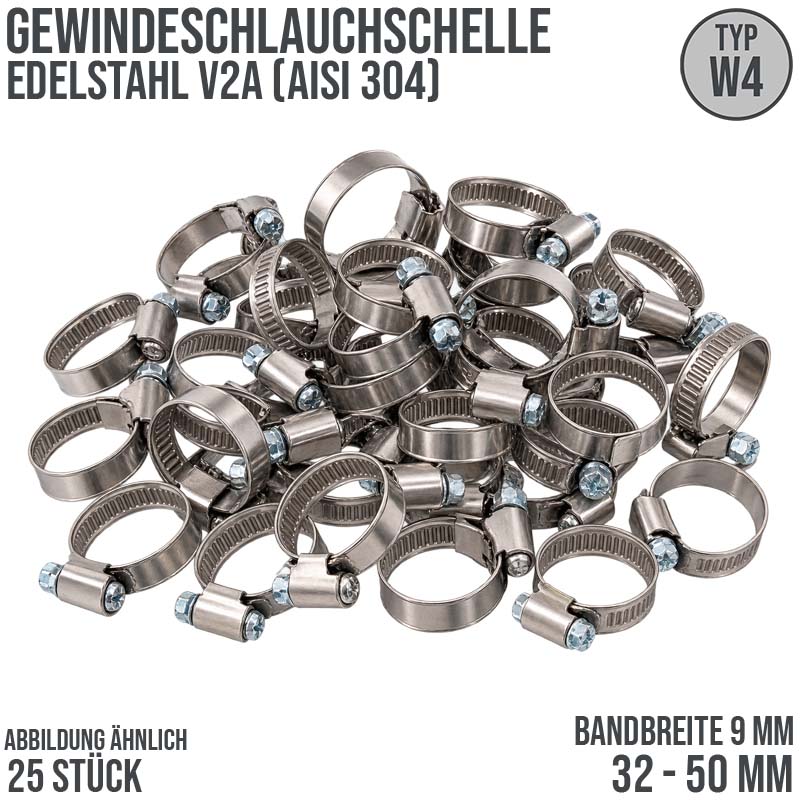 35 - 50 mm Schlauchschelle W4 Edelstahl V2A AISI 304 Rohr Gewinde Schelle (Band 9 mm) - 25 Stück