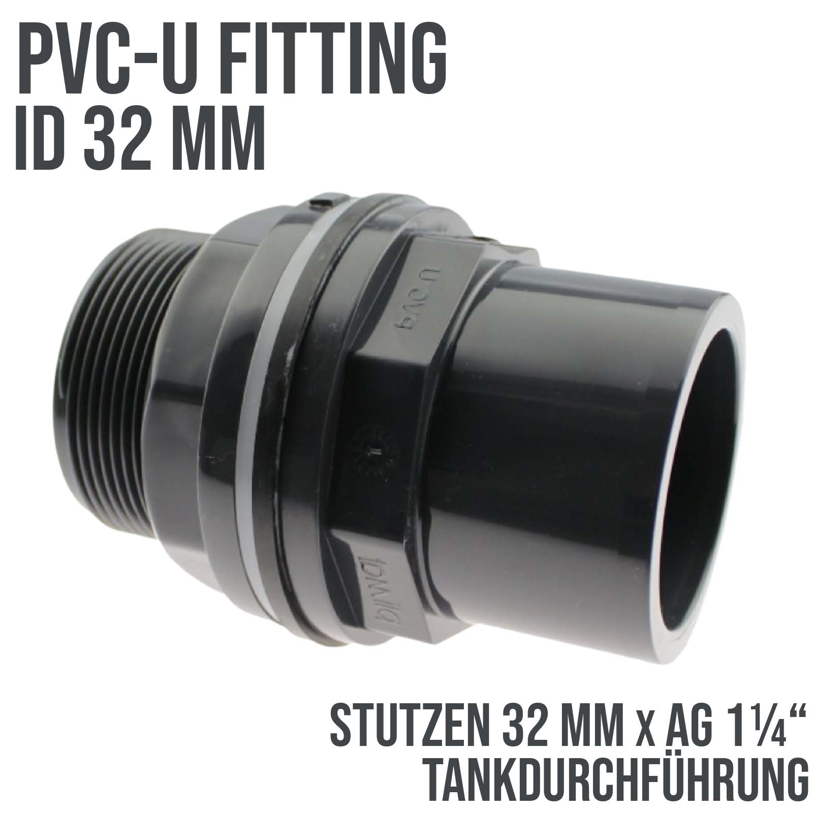 32/40 mm x 1 1/4" Zoll PVC-U Tankdurchführung Klebestutzen auf Klebemuffe x Außengewinde AG - PN 10 bar