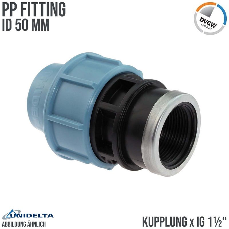 50 mm x 1 1/2" PE PP Fitting Klemm Verbinder Verschraubung Muffe Rohr Kupplung x IG DVGW - Unidelta