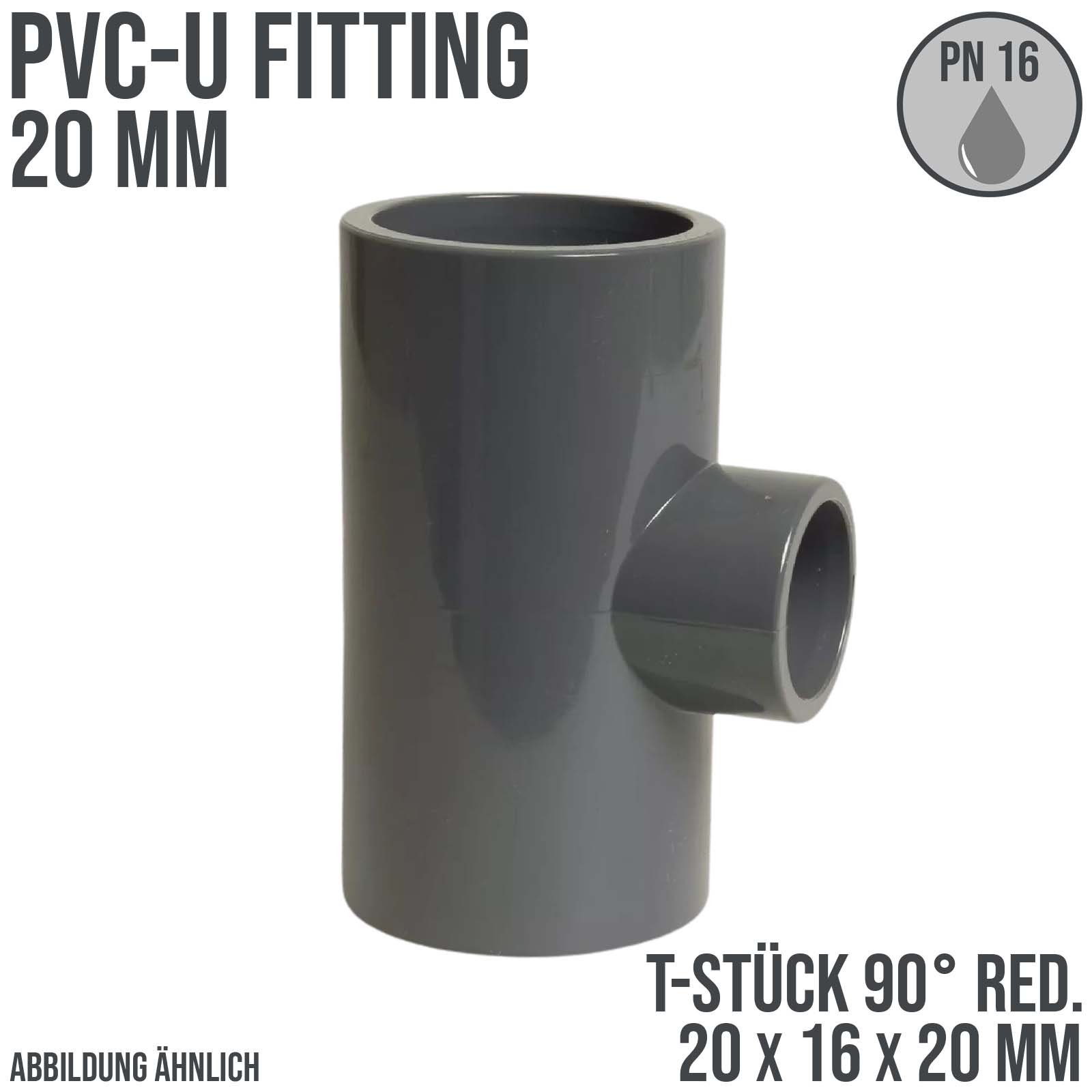 20 mm PVC Klebe Fitting T-Stück 90° Winkel reduziert 20 x 16 x 20 mm Muffe Verbinder - PN 16 bar