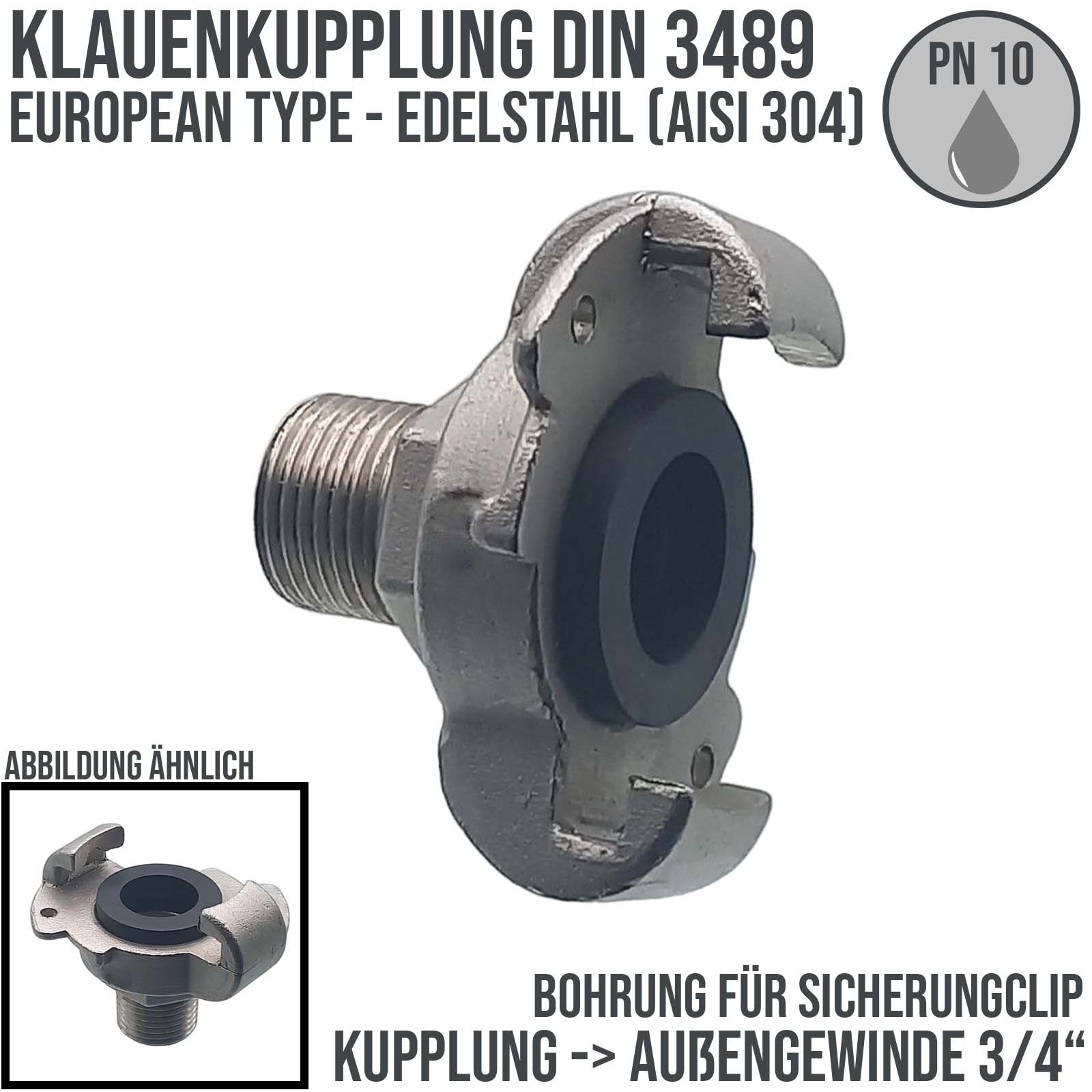 3/4" Klauen Kupplung Edelstahl AISI 304 European Type Abstand 42 mm Bohrung Außengewinde AG - PN 10 bar