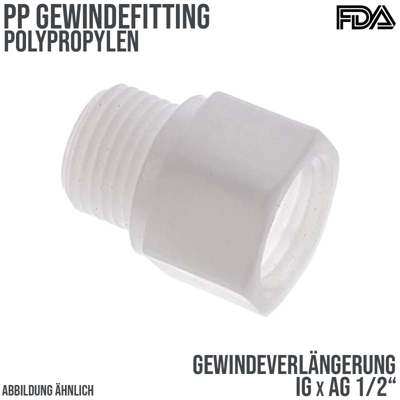 1/2" PP Gewinde Fitting FDA Verlängerung Innen x Außengewinde Verbinder weiß - PN 10 bar
