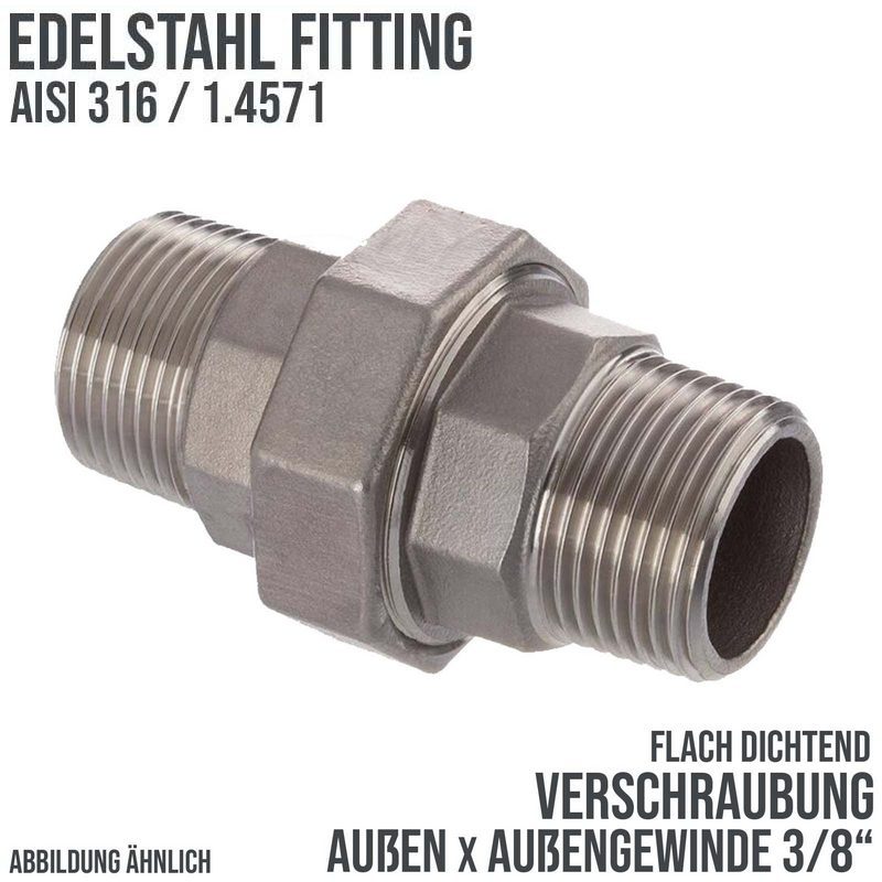 3/8" Edelstahl Fitting V4A AISI 316 Verschraubung Außen x Außengewinde AG flach dichtend - PN 16 bar