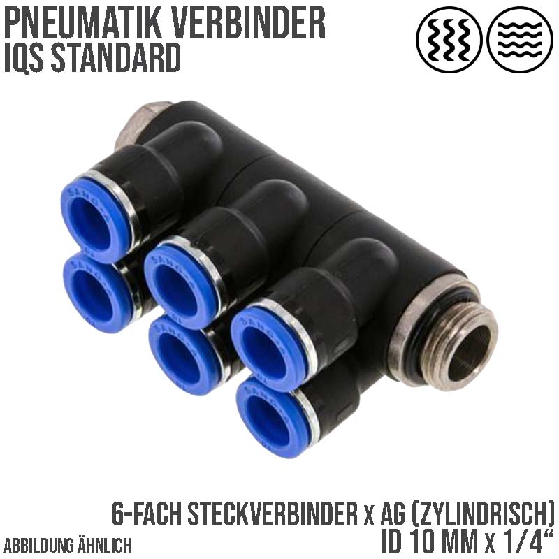 10 mm x 1/4" Pneumatik Steck Verbinder 6-fach Verteiler IQS Außengewinde zylindrisch - PN 20 bar