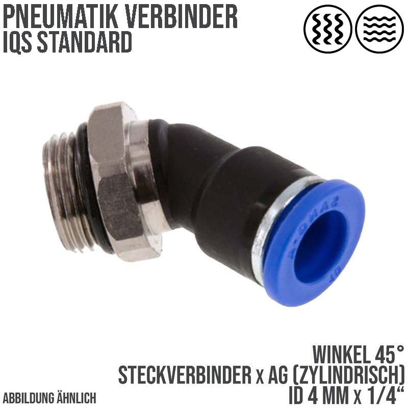 4 mm x 1/4" Pneumatik Steck Verbinder Winkel 45° IQS Außengewinde zylindrisch - PN 20 bar