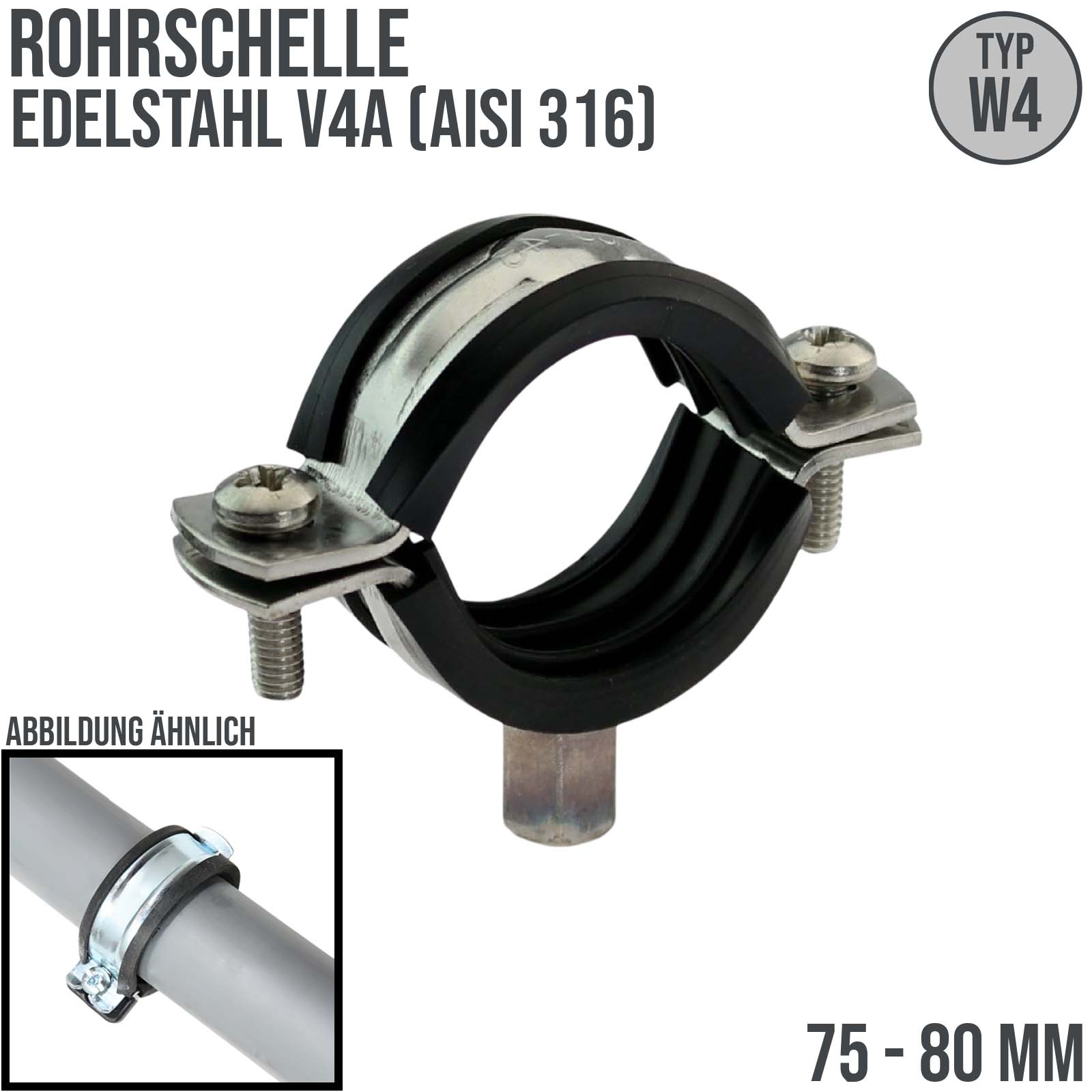 75 - 80mm Rohr Schraub Schelle Klemme mit Gummieinlage M8 M10 2-teilig Edeltahl AISI 316 DIN 4109