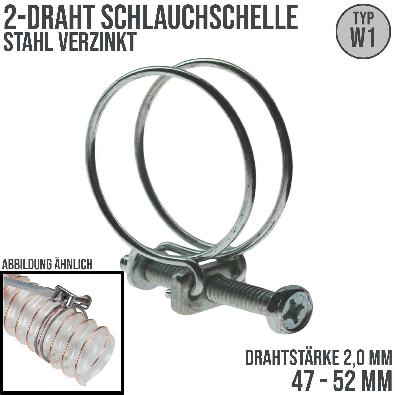 47 - 52 mm 2-Draht Schlauch Schelle W1 Stahl verzinkt Schraube M6 x 45 Draht 2,0 mm