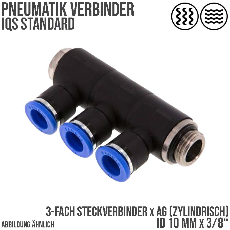 10 mm x 3/8" Pneumatik Steck Verbinder 3-fach Verteiler IQS Außengewinde zylindrisch - PN 20 bar
