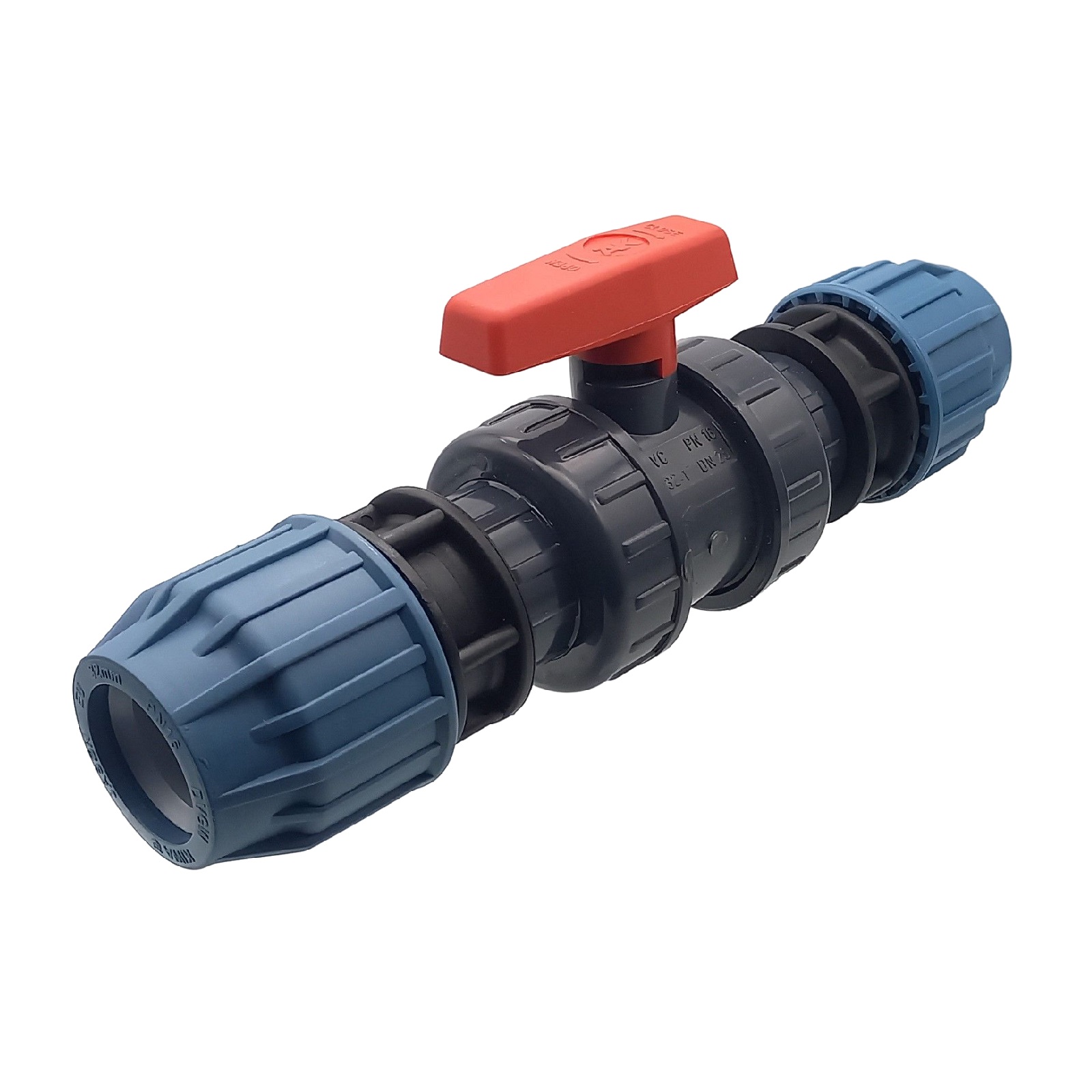 75 mm PE PP Fitting Klemm Verbinder Verschraubung Kugelhahn (rot) mit 2-fach Muffe