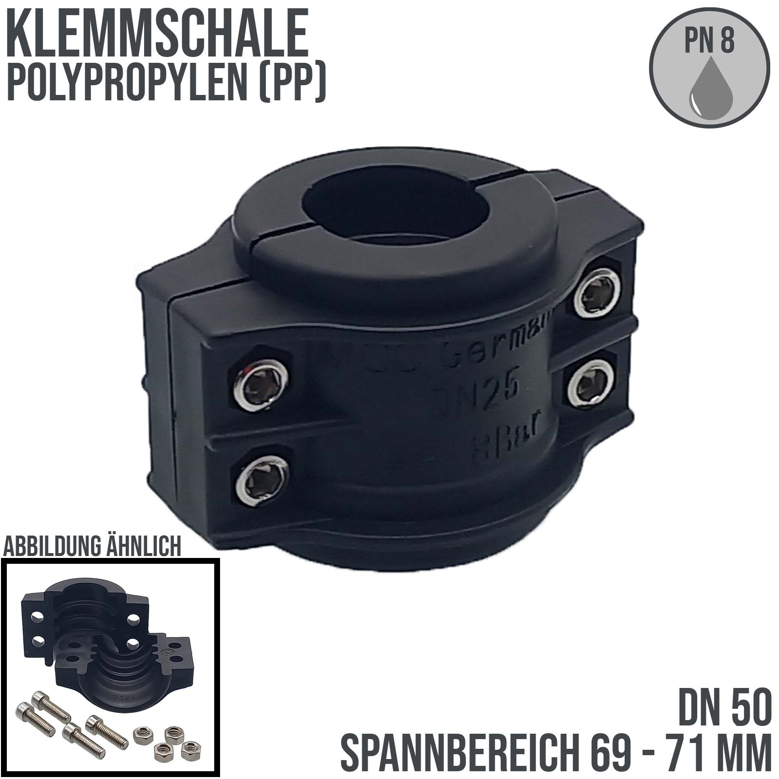 DN 50 Klemmschale Polypropylen PP schwarz Spannbereich 69 - 71 mm für Schlauch ID x AD 50 x 70 mm - PN 8 bar