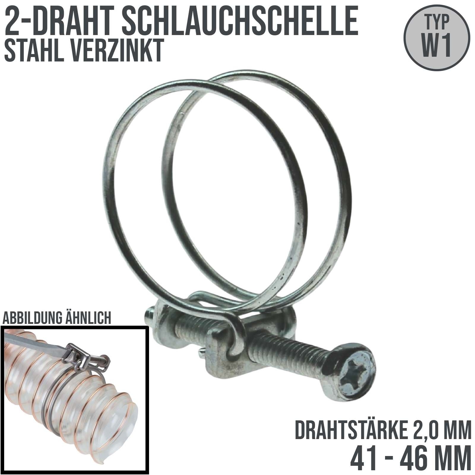 41 - 46 mm 2-Draht Schlauch Schelle W1 Stahl verzinkt Schraube M6 x 40 Draht 2,0 mm