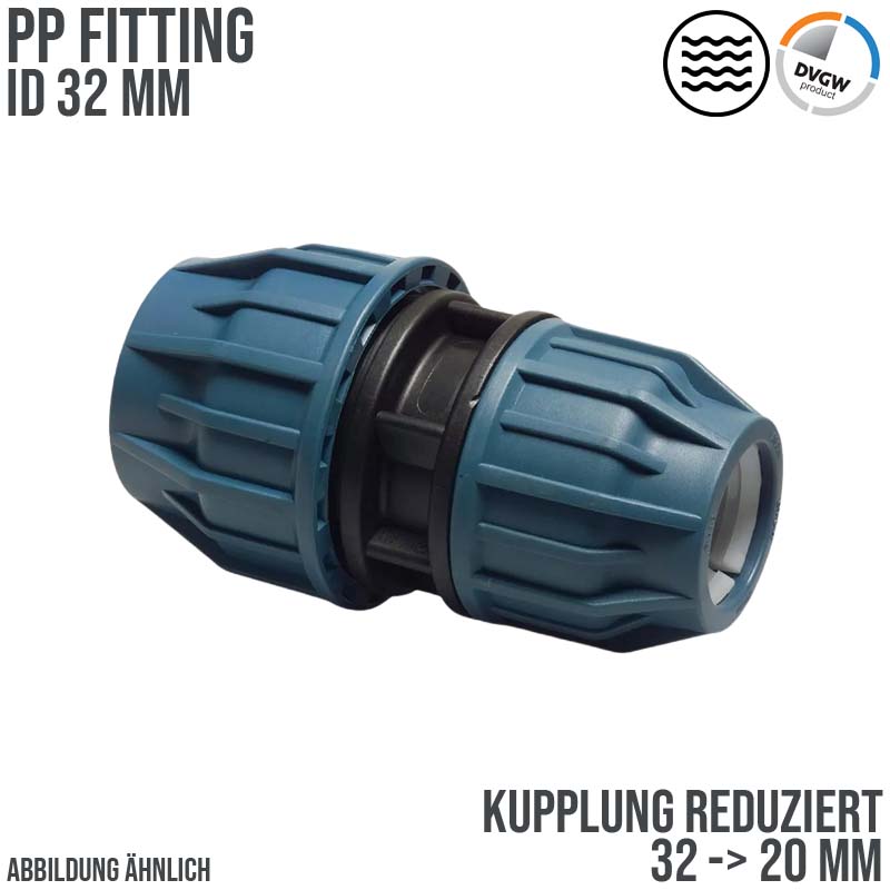 32 x 20 mm PE PP Fitting Klemm Verbinder reduziert Verschraubung Muffe Kupplung DVGW - PN 16 bar