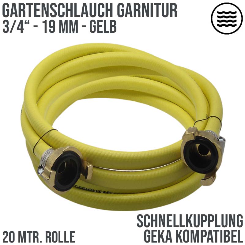 3/4" 19 mm Garten Wasser Bewässerung Schlauch Garnitur gelb Schnellkupplung 3 Lagen - PN 6 bar - 20 m