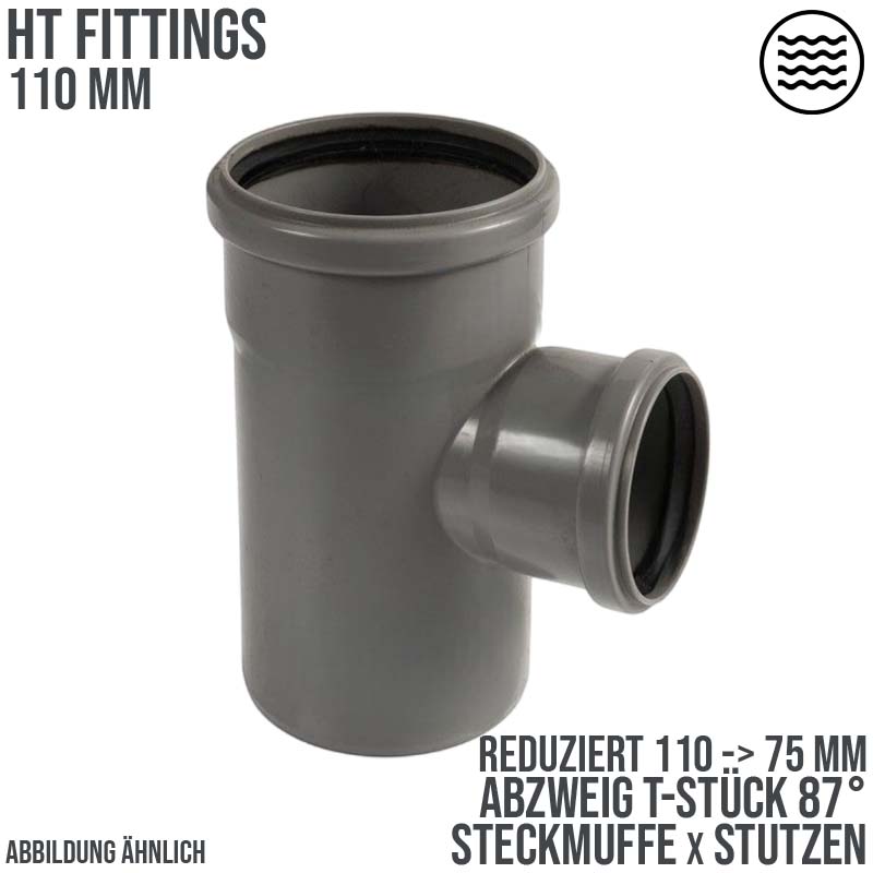 110 x 75 mm PP T-Stück 87° Abzweig Abfluß Abwasser HT KG Rohr Steckmuffe x Stutzen grau