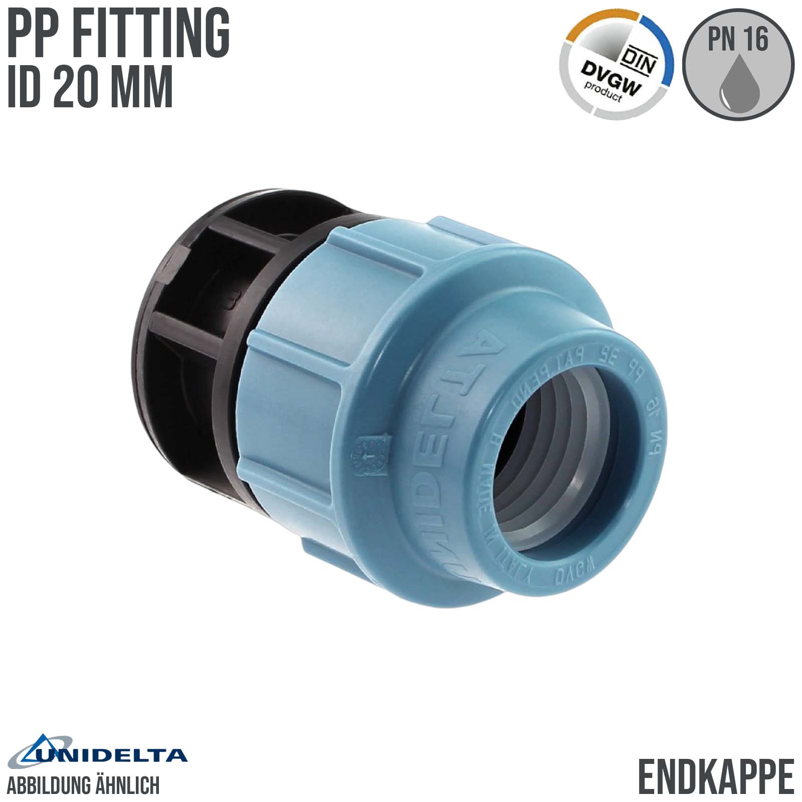 20 mm PE PP Fitting Klemm Verbinder Kappe Endkappe Endstück Muffe Verbinder  DVGW - Unidelta