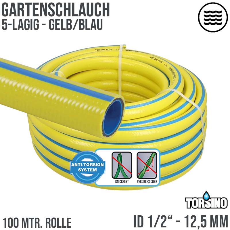 12,5 mm 1/2" Zoll 5-lagiger Garten Wasser Bewässerung Schlauch gelb Torsiono Plus PN 10 bar - 50m