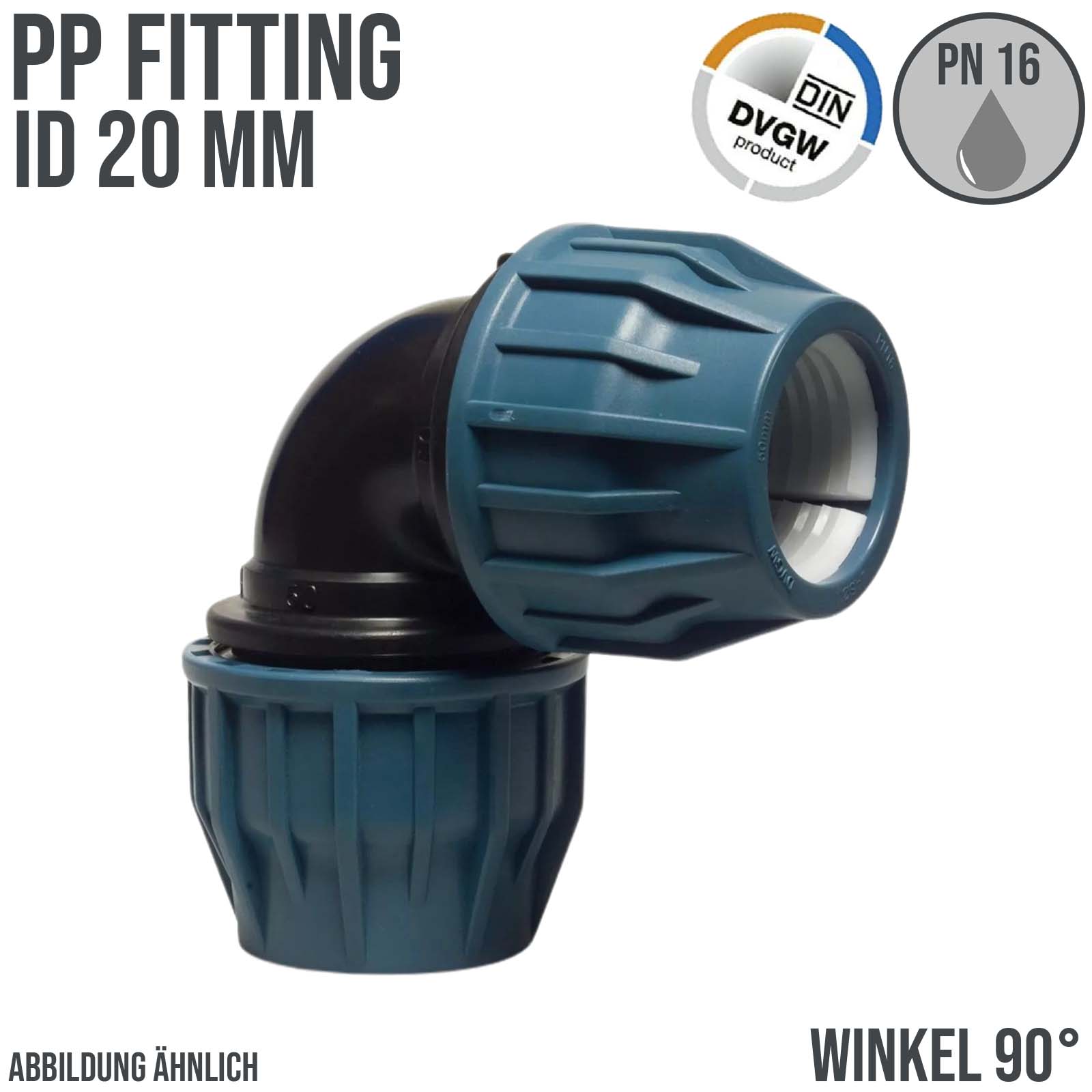 20 mm PE PP Fitting Klemm Verbinder Verschraubung Muffe Rohr Winkel 90° DVGW - PN 16 bar