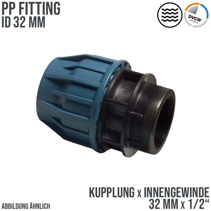 32 mm x 1/2" PE PP Fitting Klemm Verbinder Verschraubung Muffe Rohr Kupplung x IG DVGW - PN 16 bar