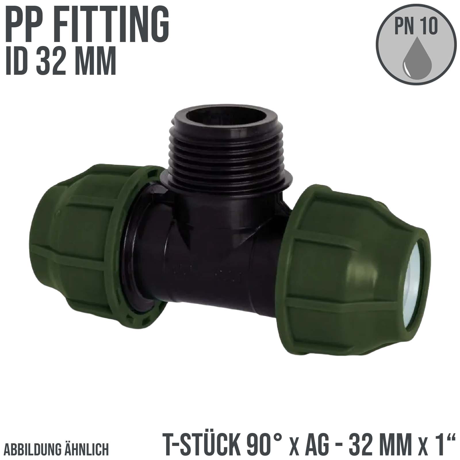 32 mm x 1" PE PP Fitting Klemm Verbinder Verschraubung Rohr T-Stück 90° x AG - PN 10 bar