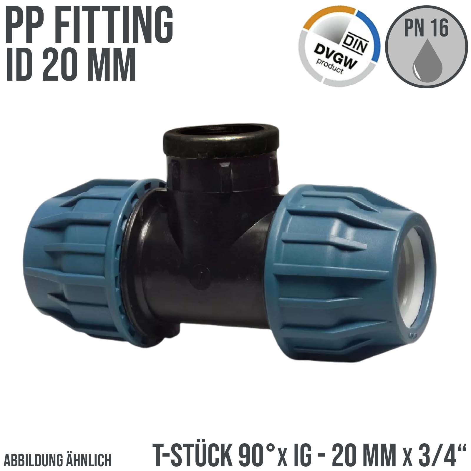 20 mm x 3/4" PE PP Fitting Klemm Verbinder Verschraubung Rohr T-Stück 90° x IG DVGW - PN 16 bar 