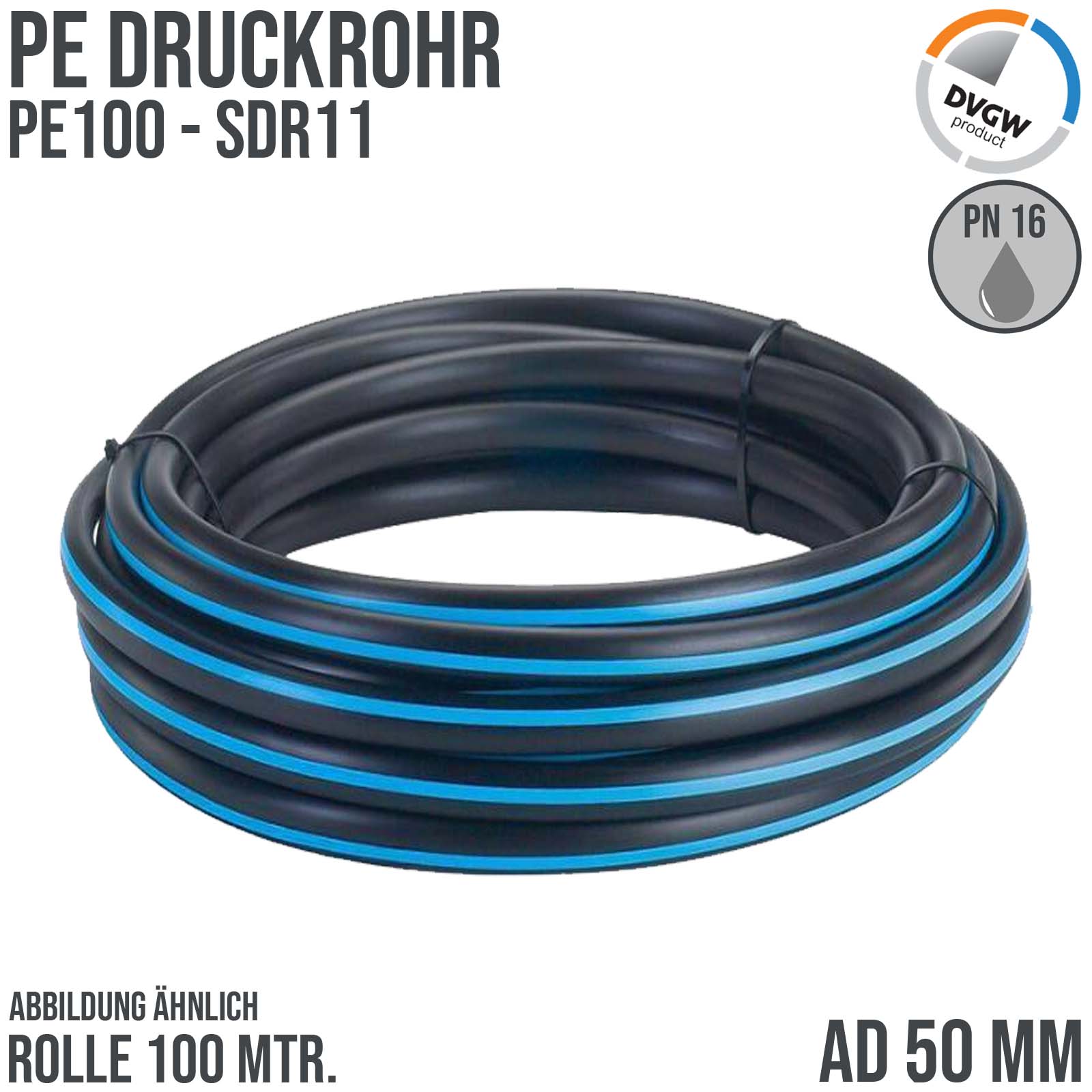 50 x 4,6 mm PE PP Rohr HD Druckrohr Trink Brauch Wasser PE 100 DVGW SDR 11 PN 16 bar - 100 m Rolle