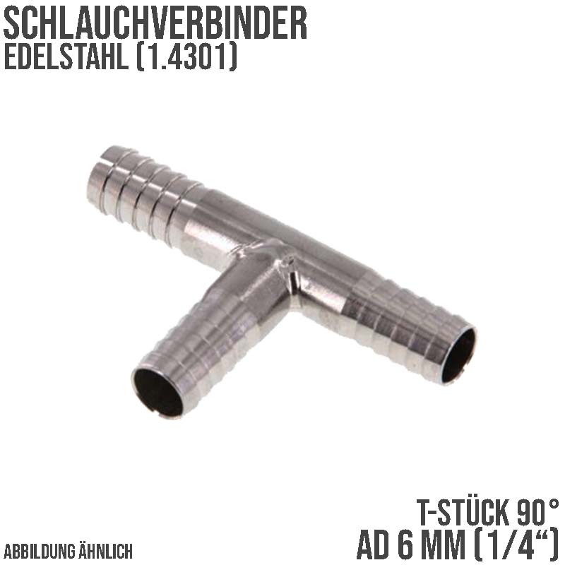 6 mm - 1/4" Zoll T-Stück Schlauch Verbinder Verteiler Tülle Kupplung Reparatur Edelstahl VA 1.4301