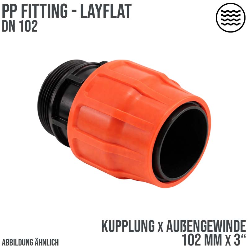 102 mm x 3" PE PP Fitting Layflat Klemm Verbinder Kupplung x Außengewinde AG Flach Schlauch - PN 6 bar