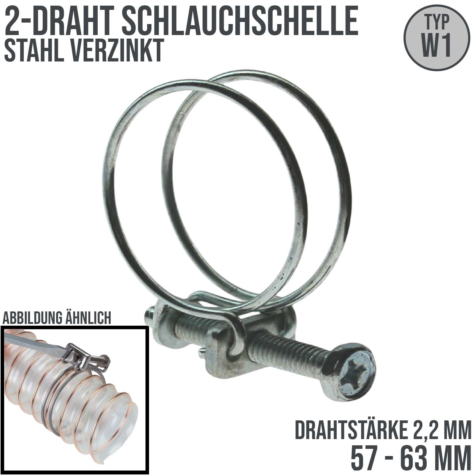 57 - 63 mm 2-Draht Schlauch Schelle W1 Stahl verzinkt Schraube M6 x 50 Draht 2,2 mm