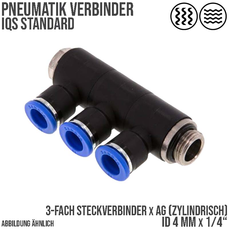 4 mm x 1/4" Pneumatik Steck Verbinder 3-fach Verteiler IQS Außengewinde zylindrisch - PN 20 bar