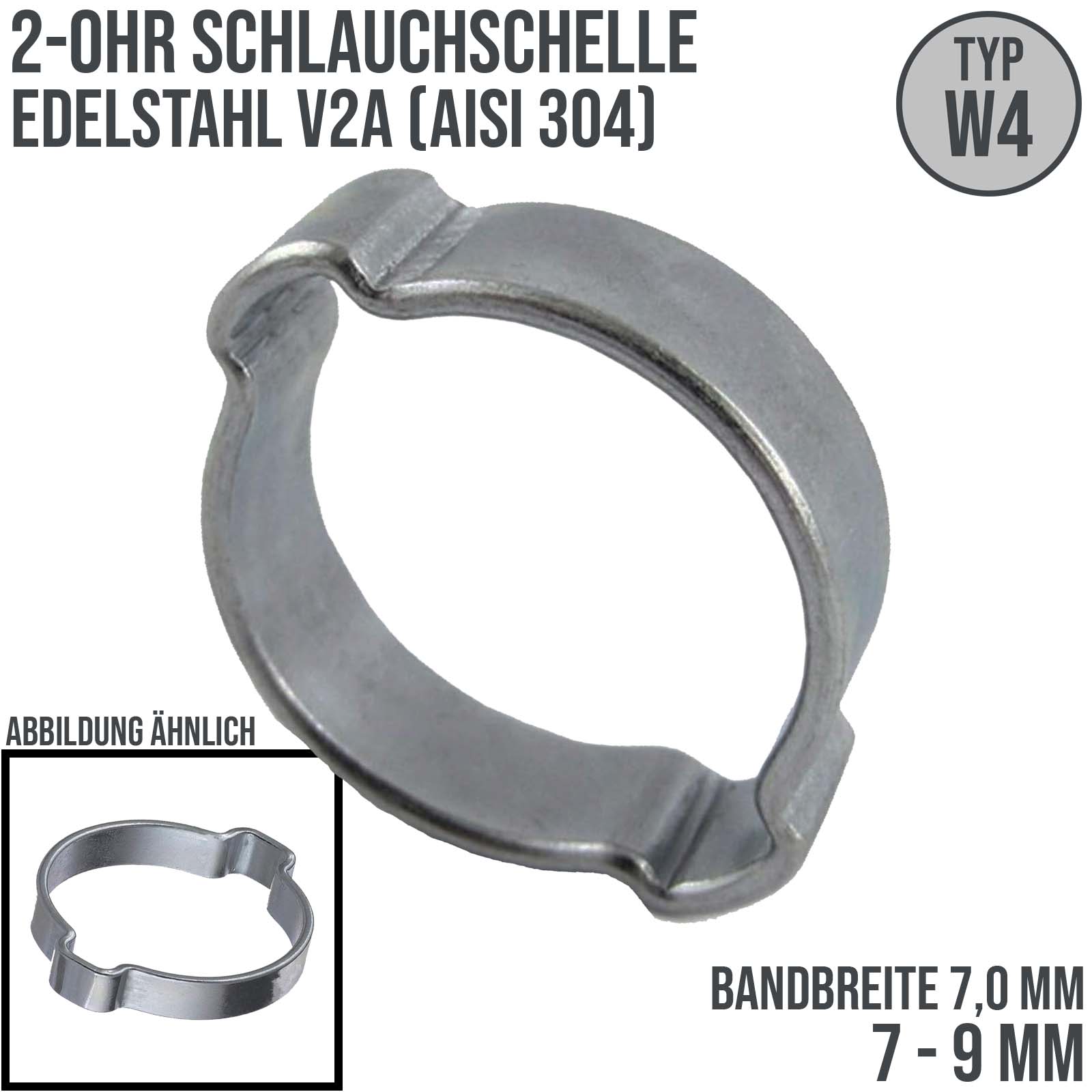 7 - 9 mm 2-Ohr Doppel Schlauch Schelle Edelstahl 1.4307 W4 - Bandbr. 7,0 mm