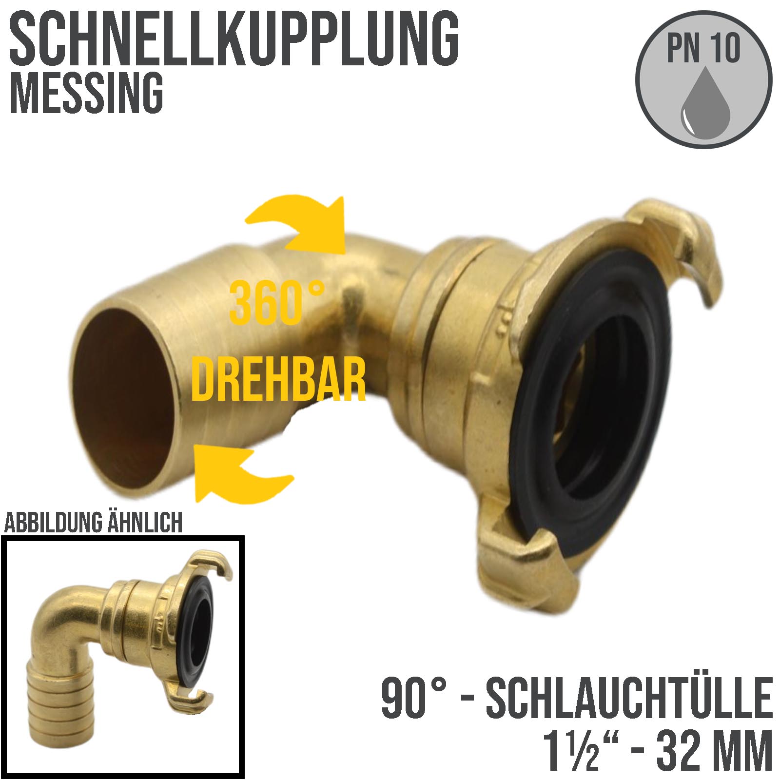 1 1/4" 32 mm Messing Schlauch Schnell Kupplung 90° Winkel Tülle drehbar (GEKA kompatibel) - PN 10 bar