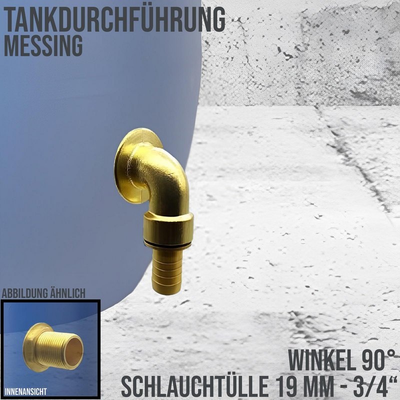 90° Tank Regen Tonnen Durchführung Messing Schlauch Tülle Stutzen 19mm (3/4") - Anschuss Set PN 10 bar