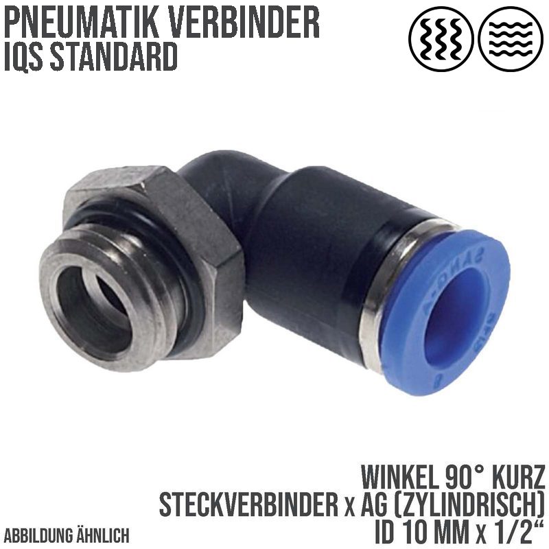 10 mm x 1/2" Pneumatik Steck Verbinder Winkel 90° kurz IQS Außengewinde zylindrisch - PN 20 bar