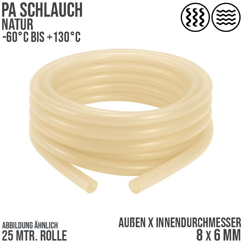 8 x 6 mm Polyamid PA Pneumatik Schlauch natur - PN 19 bar - 25 m