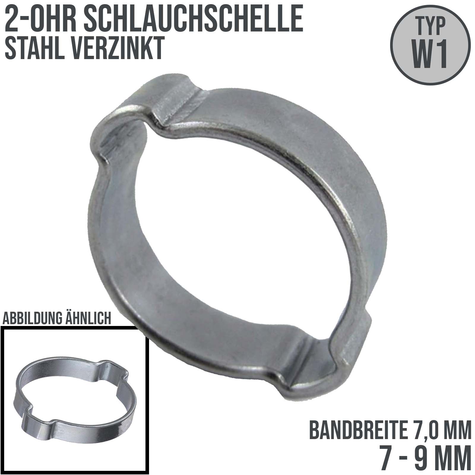 7 - 9 mm 2-Ohr Doppel Schlauch Schelle Stahl verzinkt W1 - Bandbr. 7,0 mm