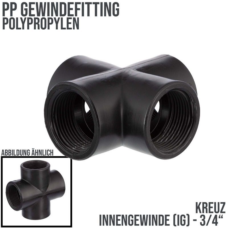 3/4 " PP Gewinde Fitting Kreuz schwarz Innen x Innengewinde IG Polypropylen - PN 10 bar