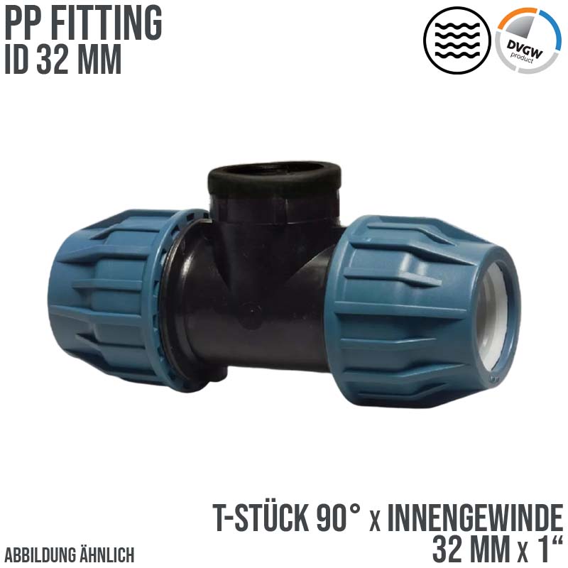 32 mm x 1" PE PP Fitting Klemm Verbinder Verschraubung Rohr T-Stück 90° x IG DVGW - PN 16 bar