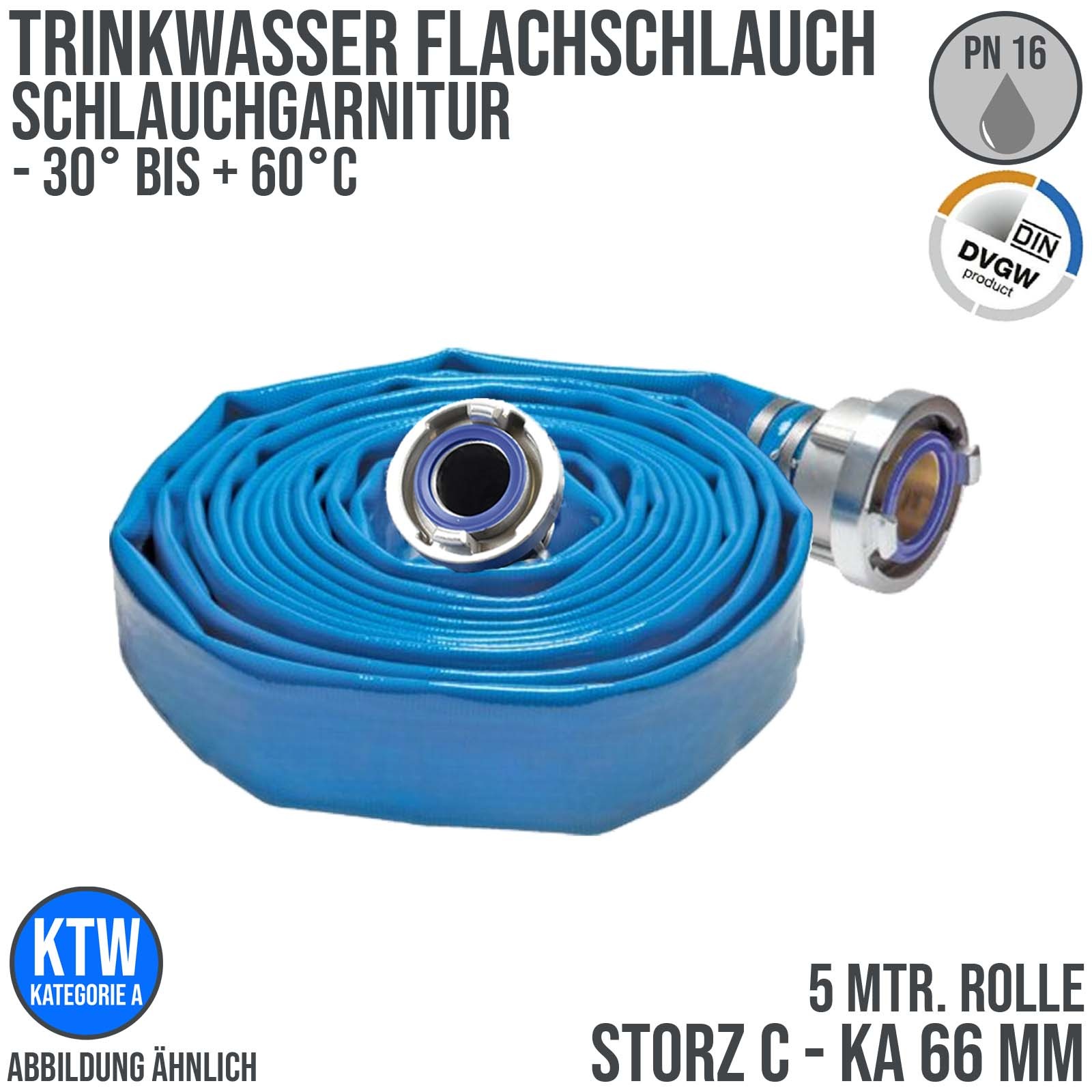 STORZ C KA 66 52 mm 2" Trinkwasser Flach Schlauch DVGW KTW Garnitur blau PN 16 bar - 5 m