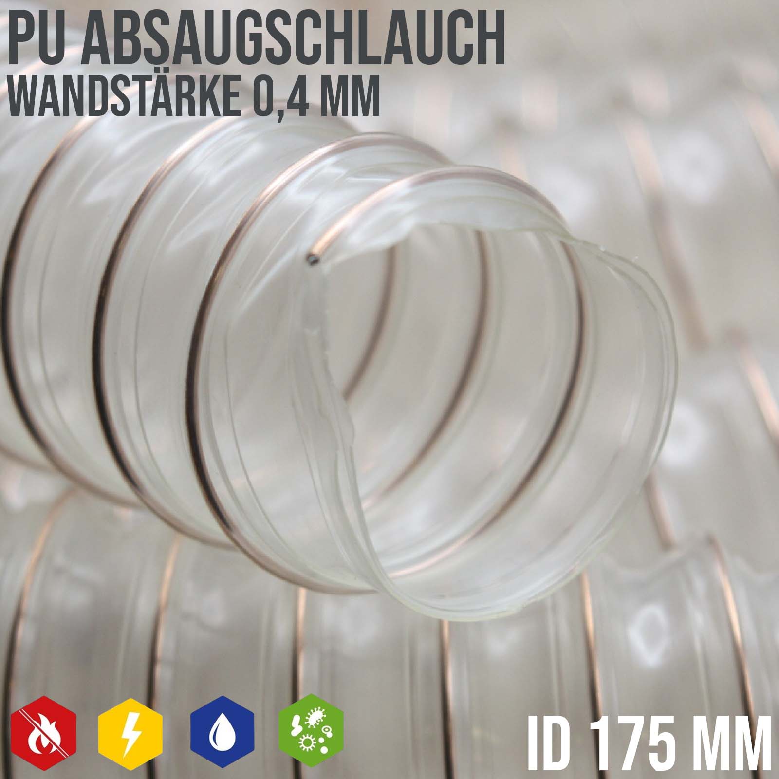 175 mm PU Saug Ansaug Druck Spiral Flex Staub Holz Metall Späne Schlauch Anlage - Wandstärke 0,4 mm  - PN 0,09 bar