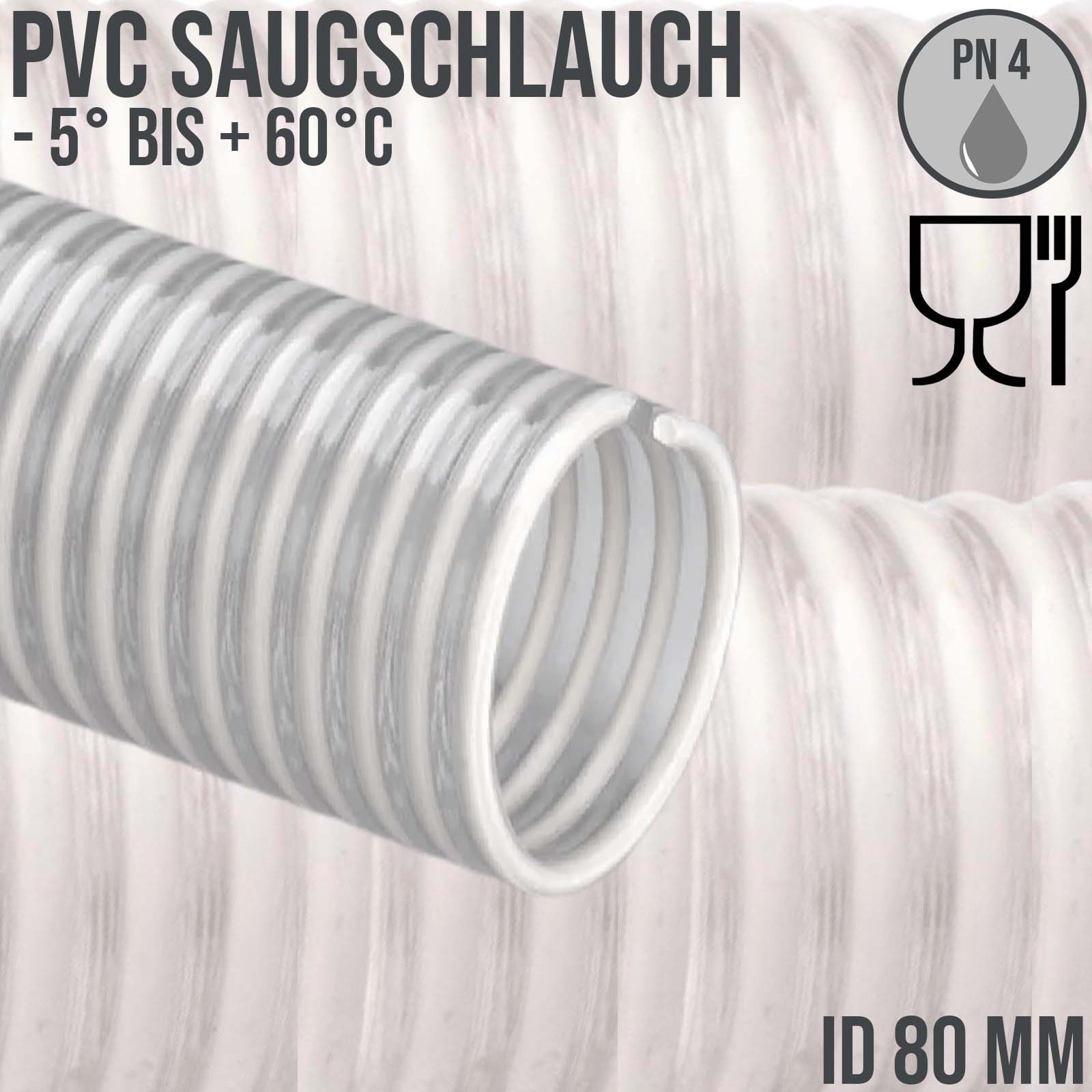 80 mm Saug Ansaug Spiral Förder Pumpen Schlauch Lebensmittel Saatgut weiß PN 4 bar