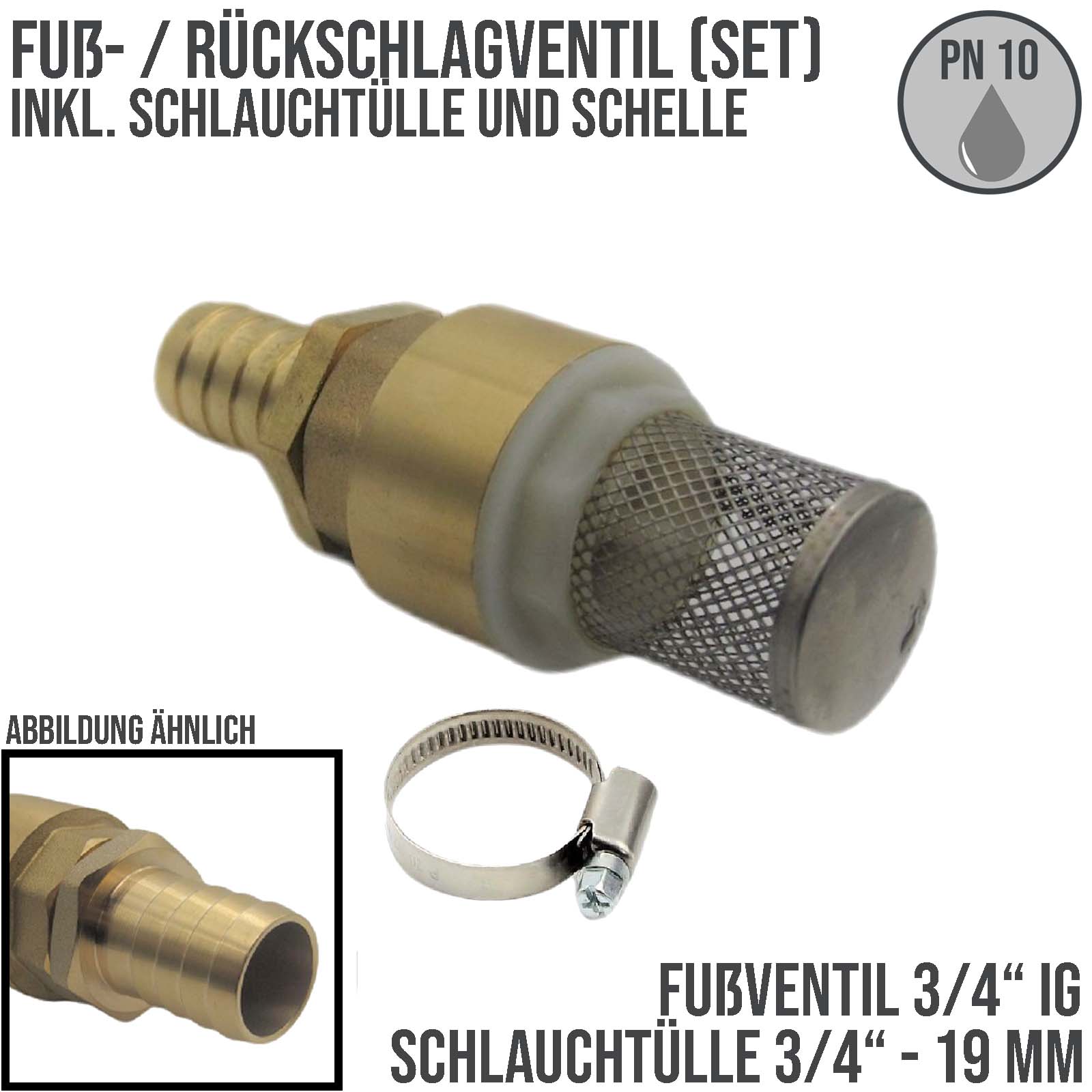 3/4" Zoll Fuß Rückschlag Ventil Saugkorb mit 19 mm Schlauchtülle Messing
