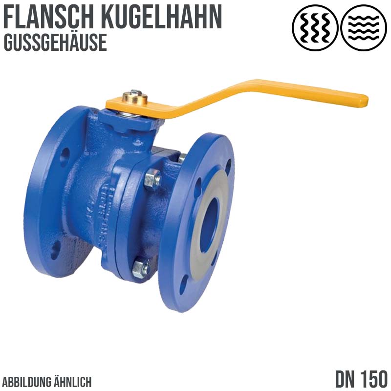 DN 150 Flansch Kugelhahn 2-teilig Gussgehäuse Kugel Messing DVGW Gas - PN 16 bar
