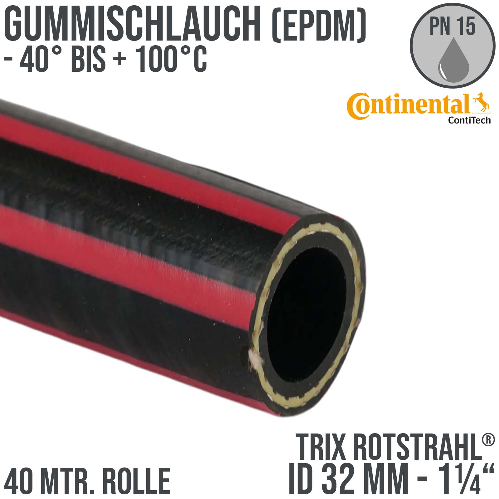 32 mm 1 1/4" Zoll Hochleistungs Gummi Wasser Schlauch EPDM - CONTI TRIX ROTSTRAHL® PN 15 bar 40 m Rolle